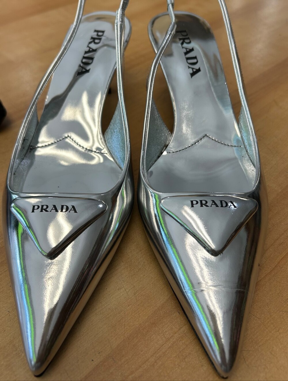 Prada Metallic Silver Pointed Slingback Flats-Brand NEW-slight Damage
